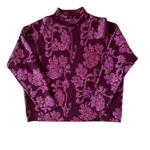 Sioni Burgundy & Pink Jacquard Floral Metallic Mock Neck Sweater | Large